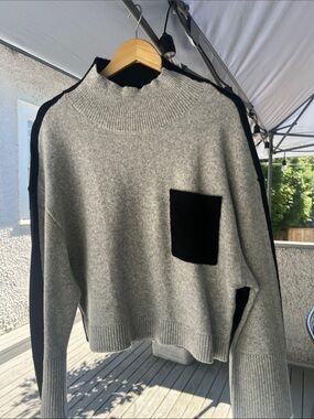 Gray Mock Neck Sweater with Black Pocket - Women's Sweater
